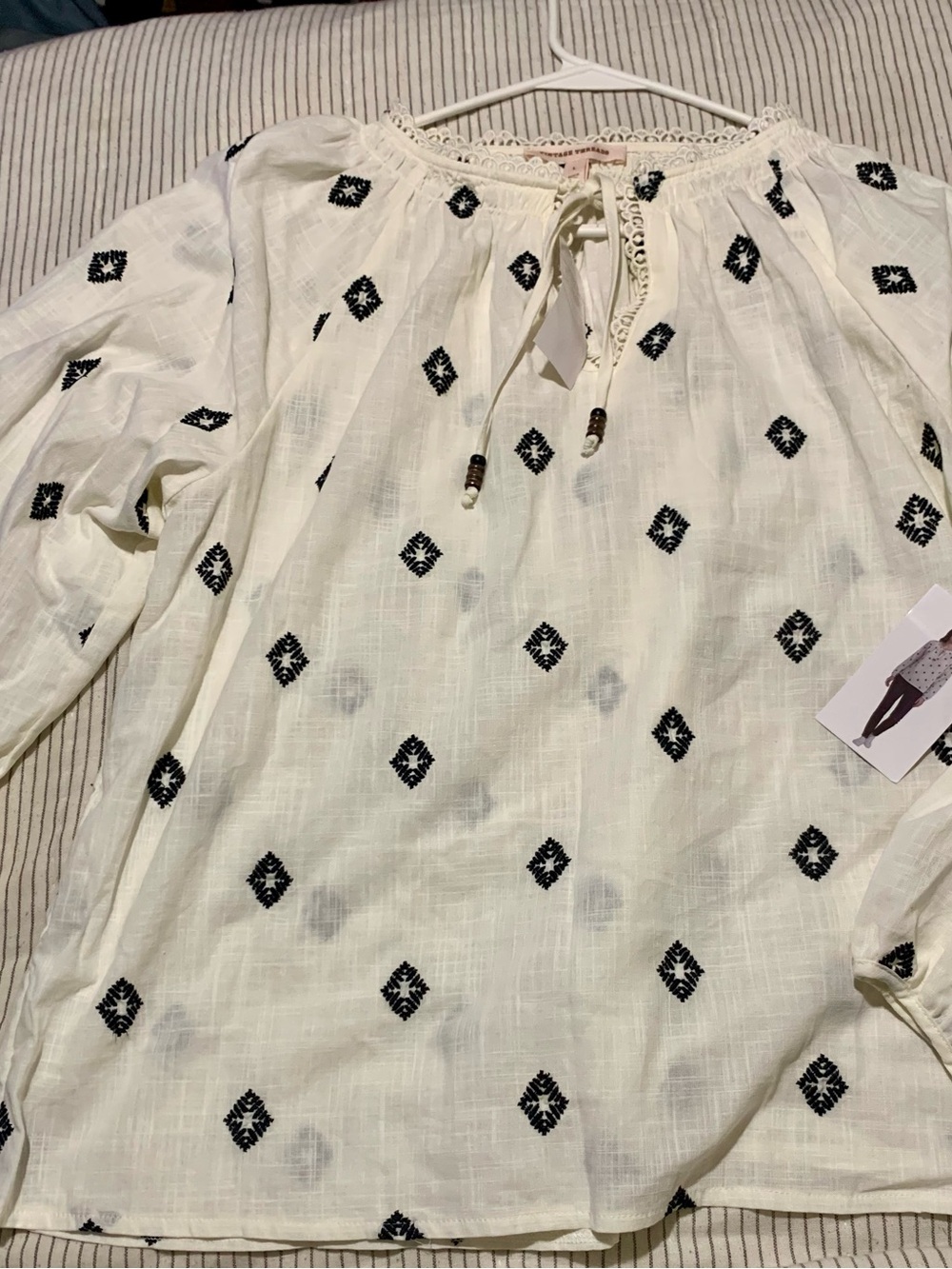 Women's Cream Embroidered Peasant Blouse - Boho Tie Neck